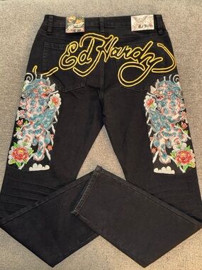 Ed Hardy Black Slim Straight Jeans with Floral Side Embroidery